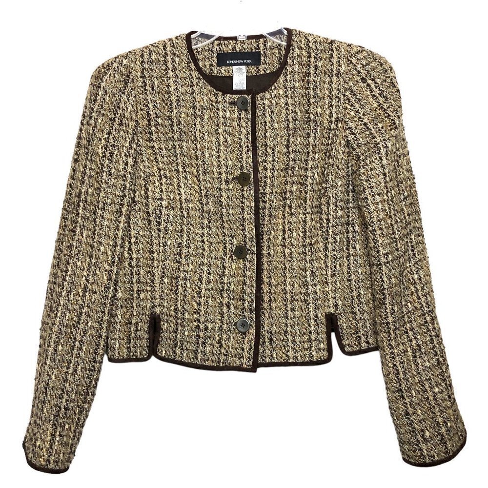 Jones NEW YORK - Wool/Alpaca/Mohair Tan & Brown Tweed Academia Blazer - Size 12